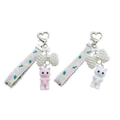 Flocking Cat Pendant Keychain Pearl Bows Shaped Key Chain Bowknot Keyring Jewelry Camera Bag Decors Handmade Gift