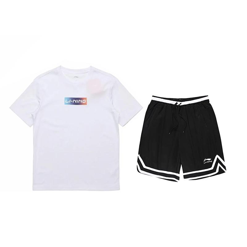 

Li-Ning Gradient Logo Round Neck Short Sleeve Striped Comfortable Mid Waist Shorts Casual Sports Suit Unisex Sports Suit YHST171-1+YAPV001-1 M
