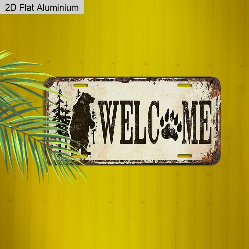 2D Flat, 1pc "WELCOME" Bear & Paw Print 12''x6'' Aluminum Sign, Rustic Cabin & Woodland Style Wall & Car Decor for Entryway, Porch, Lake House