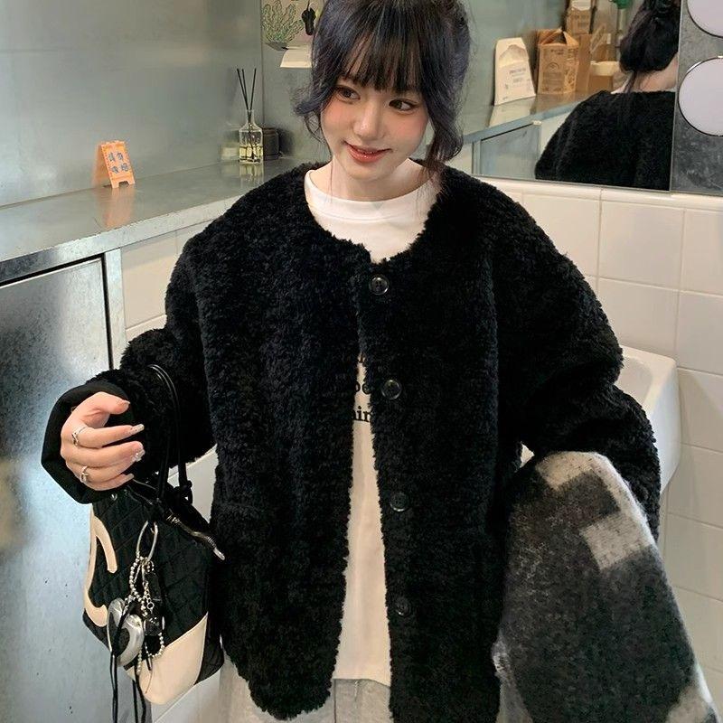 Crew Neck Lamb Wool Coat Thickened Wool Women's Autumn and Winter Imitation Rex Rabbit Fur Integrated Loose Lazy Fur Coat