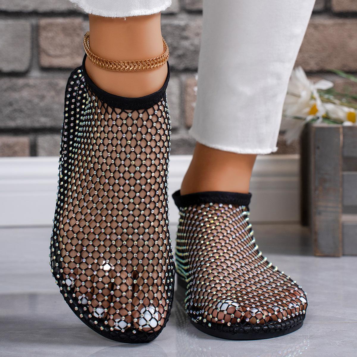 

Ladies Summer Round Toe Sandals with Hollowed Out Internet Celebrity Studded Diamond Short Boots, Sexy Plus Size Flat Shoes, Breathable 43