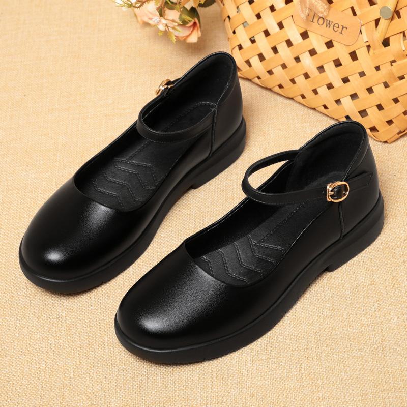 Soft Sole Work Shoes For Women Black Single Shoes One-Liner Flat Buckle Flat Round Toe Work Women's Leather Shoes Mother's Shoes