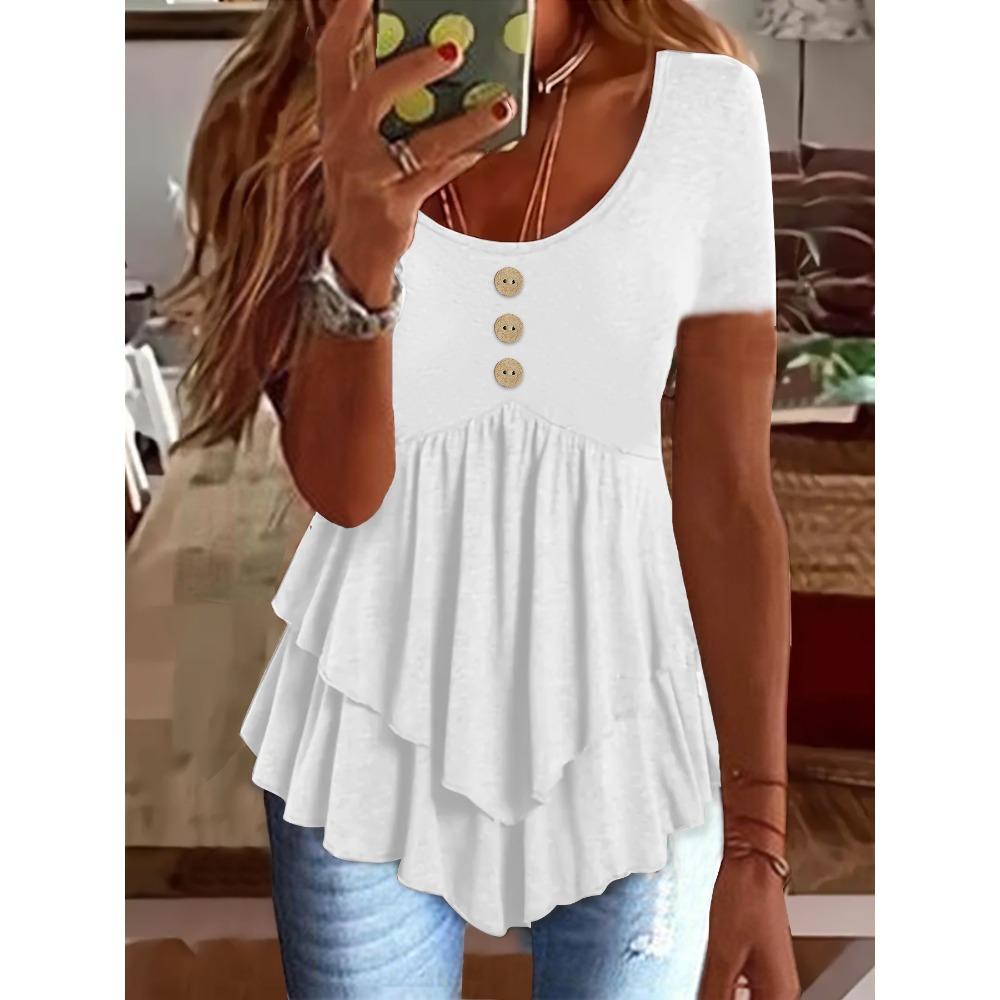

Women s Fashion Three-button Casual Solid Color Short-sleeved Dress Top S белый
