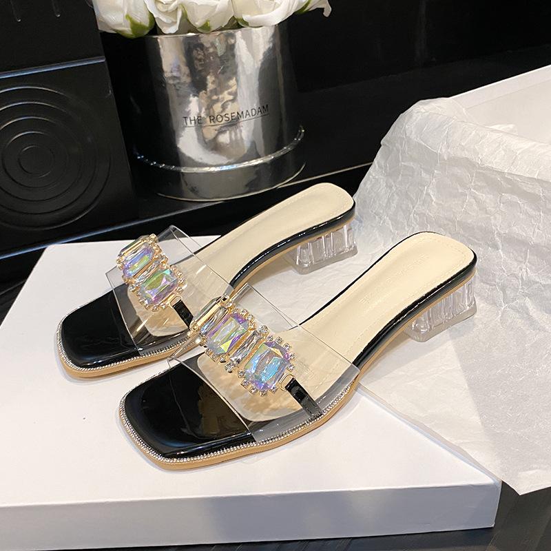

Прозрачные шлепанцы на среднем каблуке в стиле феи, лето 2025, новые, хрустальный толстый каблук с бриллиантовыми сандалиями, женские модные шлепанцы для улицы 40 чёрный