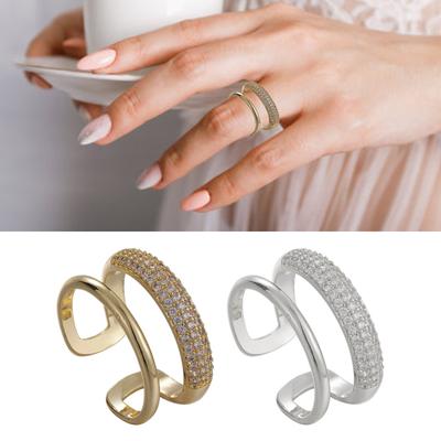 Bague Élégante Double Couche avec Zirconias Micro-Pavés Strass Sophistiqués Bagues Ouvertes pour Doigt Bijoux de Mariage