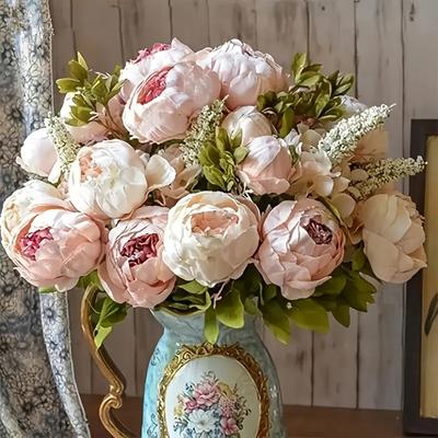 Bouquet de Pivoines en Soie à 13 Têtes, Fleurs de Pivoine Artificielles pour Décoration de Maison et Mariage - Bouquet DIY Fait Main et Bouquet de Mariée, Décoration Intérieure et Extérieure