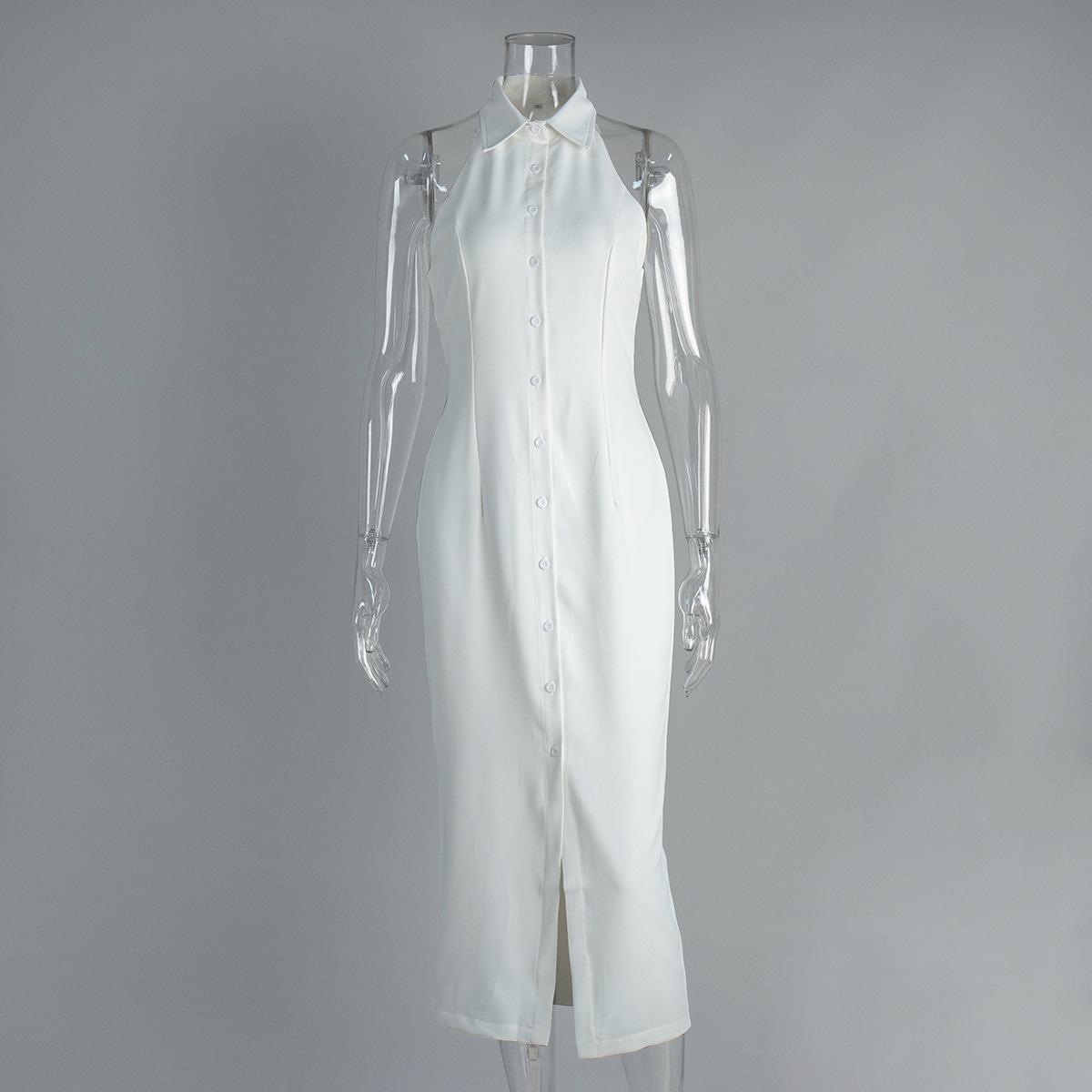 Стильное простое длинное платье с разрезом Европа и Америка 2025 лето новое платье с лацканами без рукавов женское S белый