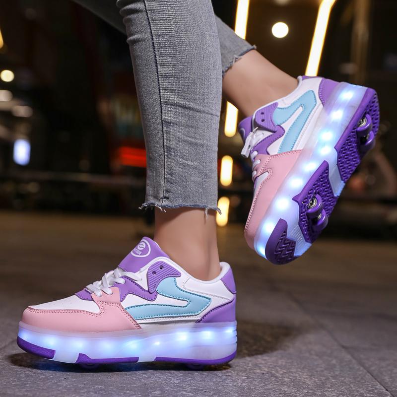 29-40 Kid's Lights Sports Shoes Rubbing Shoes Solid Magic Patch Can Charging Double-row Four-wheel Luminous Children Shoes