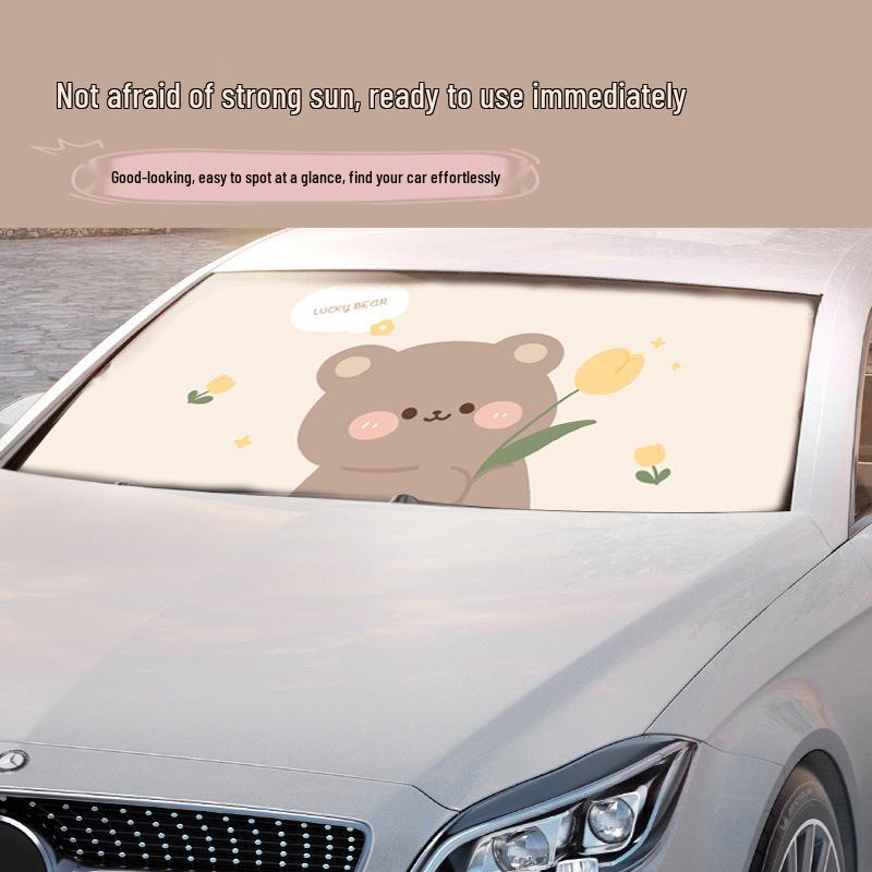 Cute Cartoon Bear & Rabbit Car Sunshade - Creative Summer Windshield Heat Insulation & UV Protection