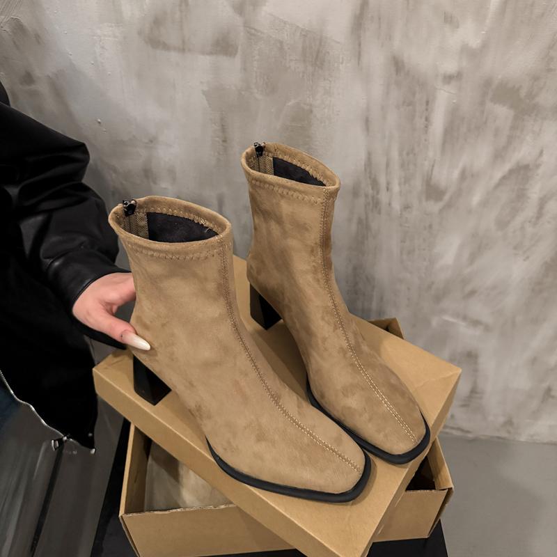 Fashion Autumn Winter Square Toe Slim Women Ankle Boots Street Style Party Short Plush Shoes High Heel Short Botas Mujer