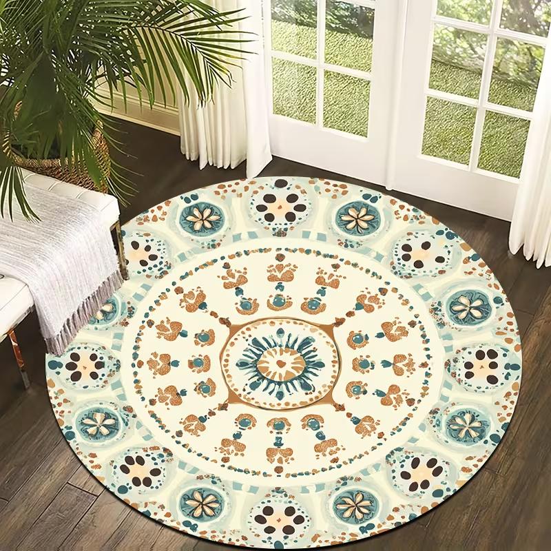 

Vintage Boho Blue Gold Lotus Round Rug Ethnic Geometric Floral Carpet Soft Non-Slip Floor Mat for Living Room Bedroom 80cm x 80cm