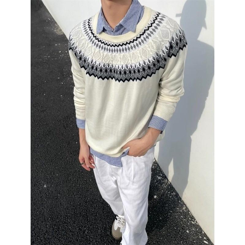 Unisex Retro Fair Isle Knit Sweater Crew Neck Loose Fit Daily Wear Winter Pullover