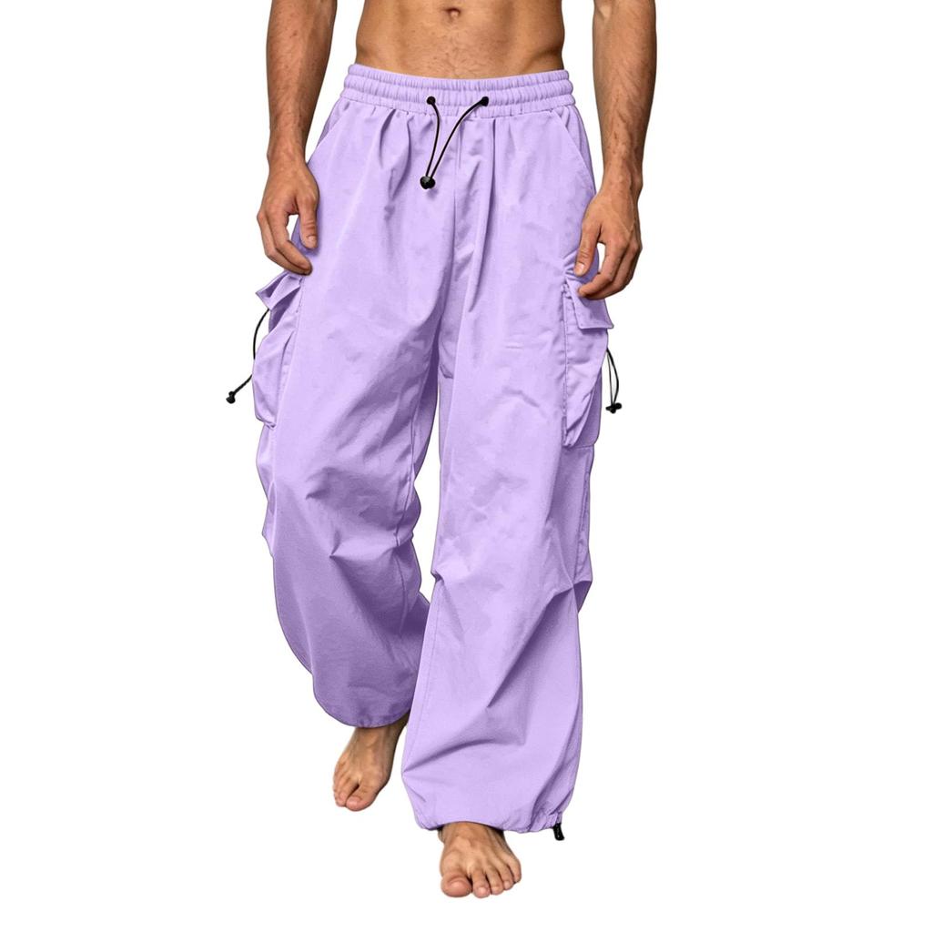 Men's Loose Fit Casual Cargo Pants Elastic Waistband Drawstring Adjustable Hem Multi Pocket Utility Trousers for Everyday Wear