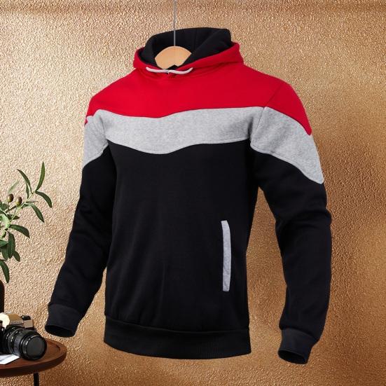 Men Fall Winter Hoodie Colorblock Drawstring Thick Plush Long Sleeves Big Pocket Hooded Retro Thin Loose Daily Wear Casual Sport Top