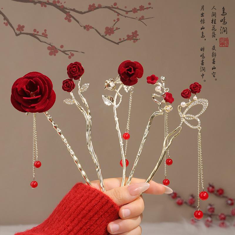 Vintage Chinese Style Rose Hairpin For Women Red Flower Element Tassel Hair Stick Elegant Exquisite Handmade Hair Accessories