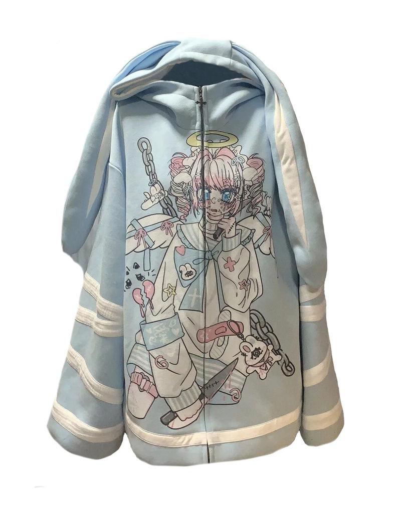 XHSUKADO Rabbit Ear Long Cute Color Angel Harajuku Shibuya Subculture Light Size L Women's Hoodie, Sleeve, Thick, Sweatshirt, Coat, Outerwear, Top,