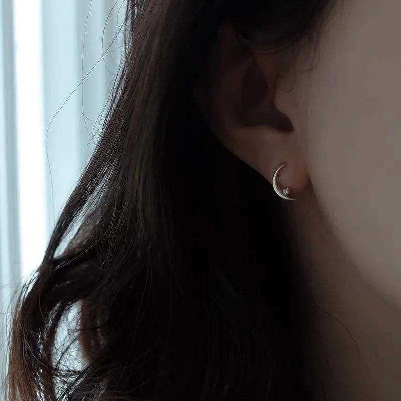 Real Sterling Silver Geometric Moon Zircon Stud Earrings for Women Personality Fine Minimalist Trendy Accessories