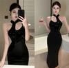 Premium Light Luxury Sexy Sequins Improved Cheongsam Black Dress Split Hip Wrap Dress Small Black Dress