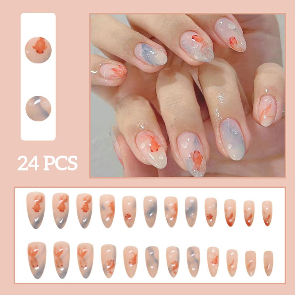 24pcs White Flower Fake Nail Tips Yellow Pink Blush False Nails Wearable Full Cover European Almond Shaped Press on Nails