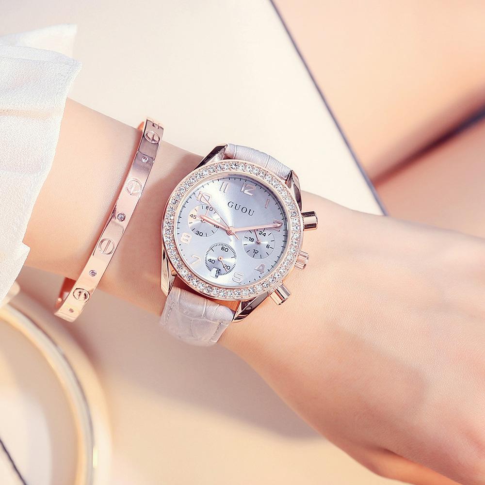 

Женские часы многофункциональные три глаза с календарем кварцевые большой циферблат горный хрусталь модные часы для женщин