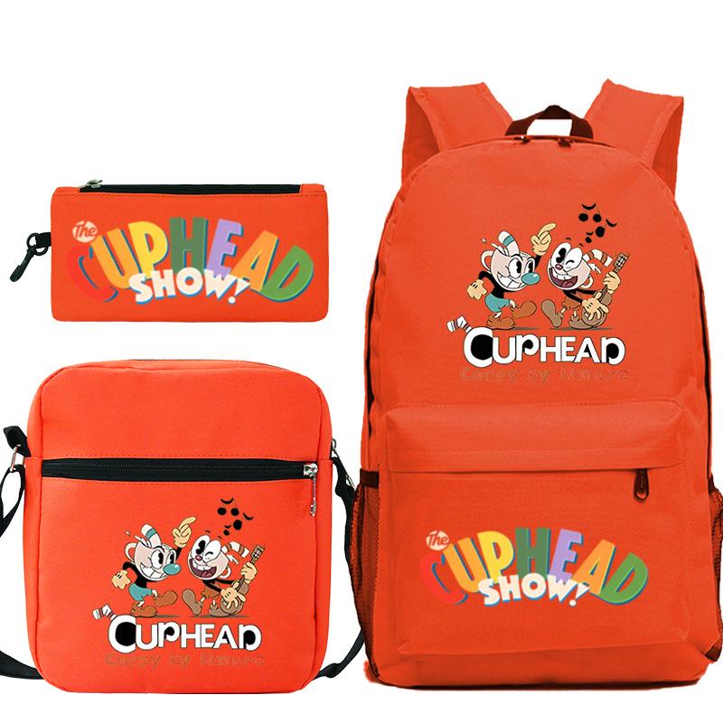 Cartoon Teacup Head Cuphead Student Backpack Oblique Span Bag Pencil Bag Primary And Secondary School Students Children'S Schoolbag Three-Piece Set