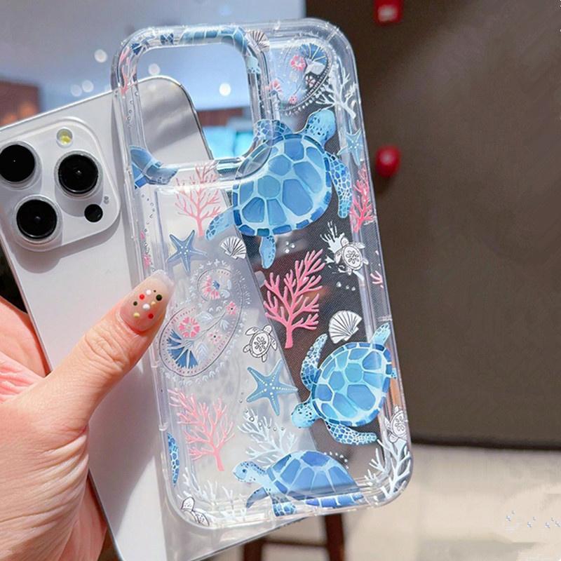 Cool Ocean Turtle Pattern Transparent Phone Case For iPhone 14 11 12 13 Pro 7 8 Plus X XR 15 16 Pro Max Shock-Absorption Cover