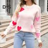 Women Knitting Sweater Round Neck Long Sleeve Heart-Shaped Tops Loose Fit Elastic Knitwear Valentine Day Tops