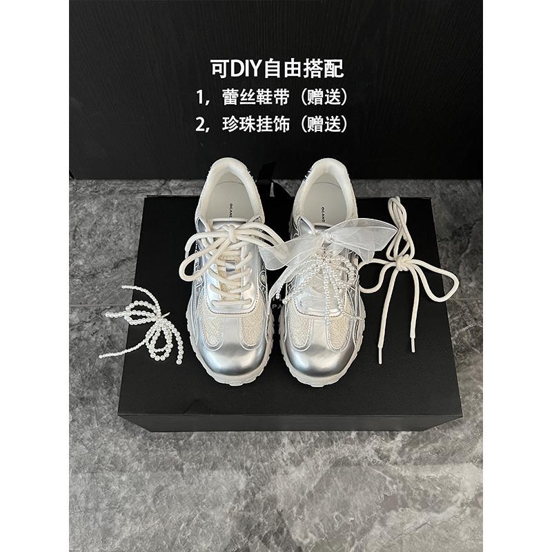 Cowhide version~ inner heightening lace pearl training shoes women's breathable leather casual sports shoes women's platform dad shoes