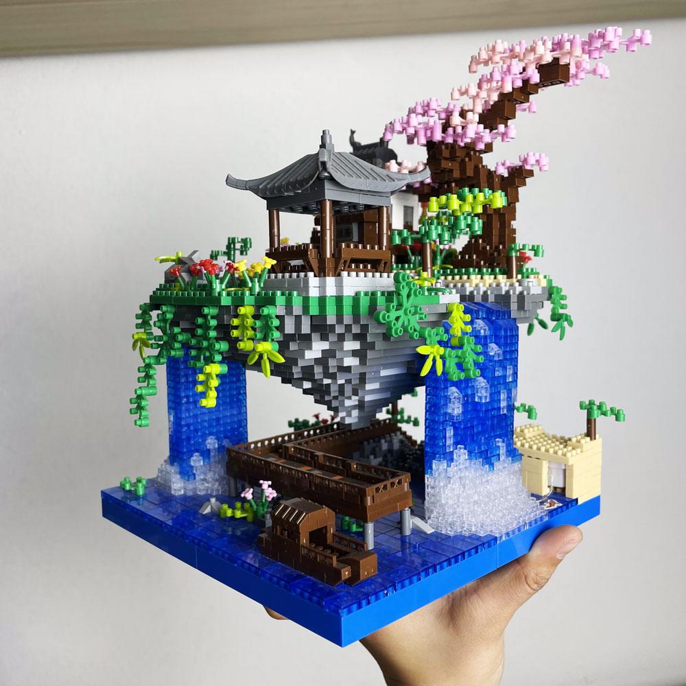 Peach Blossom Pond with Box Packing Building Block Toy Set: Chinese Architecture Stylish Home Decor Unique Gift for Collectors
