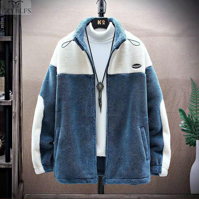 Herren Kontrastfarbene Lammwolle Winterjacke - Dick, Warm, Locker geschnittener Lässiger Baumwollmantel