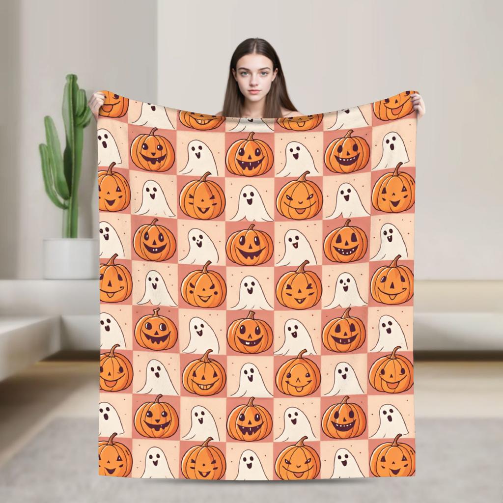 Warm Comfy Throw Blanket Picnic Halloween Checkerboard Pumpkin Ghost Seamless Pattern Blanket Flannel Bedspread For Bed Cover