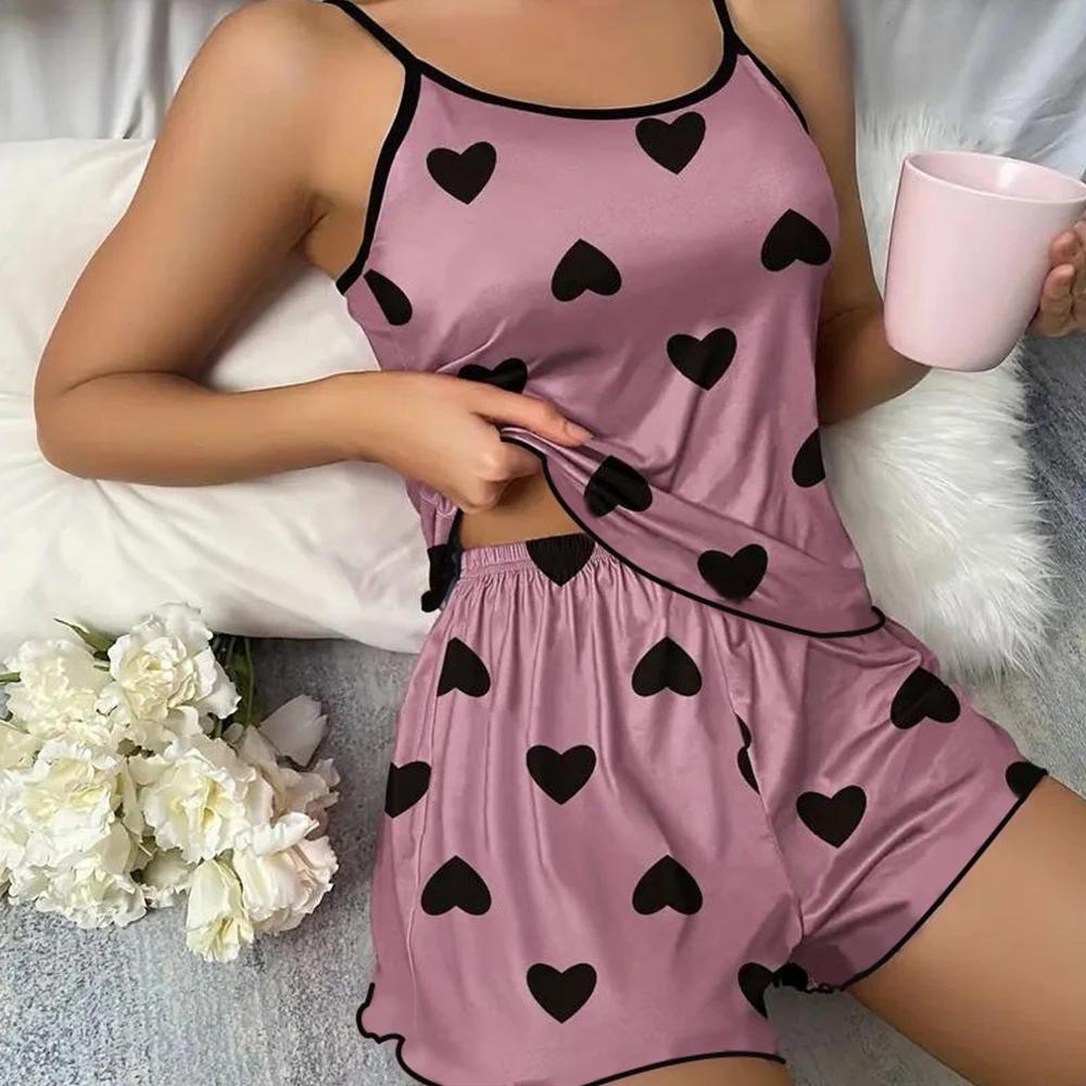 Set pijama dama pijamale tricouri pantaloni scurți roz în formă de inimă cu imprimeu tricou cu gât rotund Top din mătase de gheață Confortabil ocazional vară