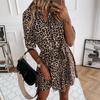 Shirt Dress Leopard Print Roll Up Sleeve Women Waist Tie Lapel Dress for Dating