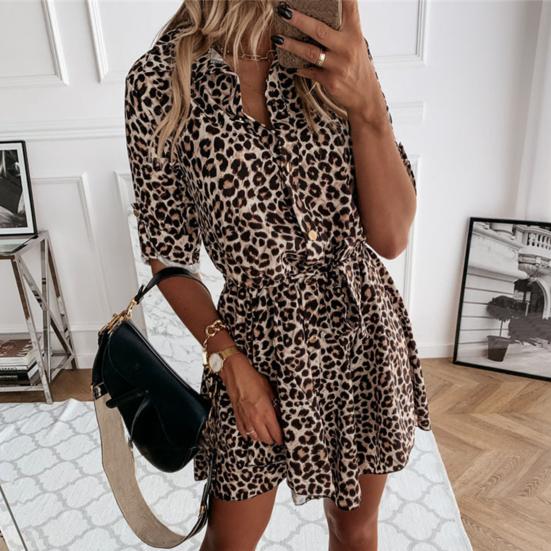 Shirt Dress Leopard Print Roll Up Sleeve Women Waist Tie Lapel Dress for Dating