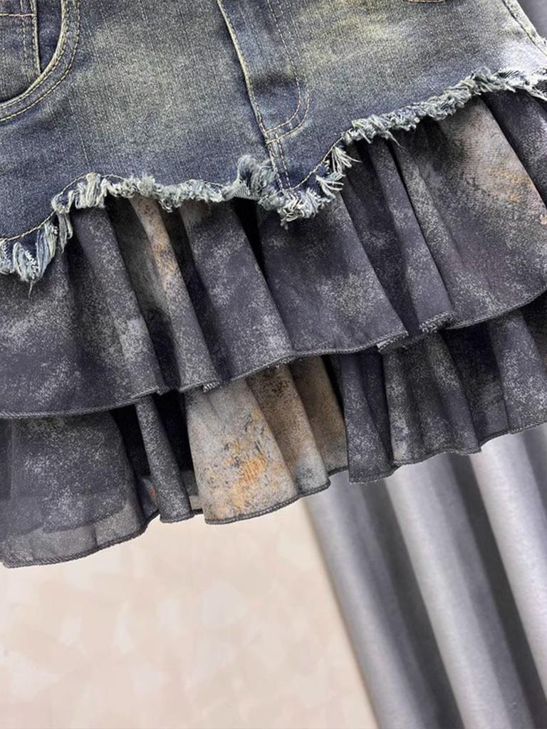 Jupe en jean vintage épissée pour femme Y2K, jupe gâteau superposée, taille haute, amincissante, ligne A, mini-jupe courte