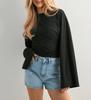 Light Gray Long Sleeve Blouse with Flare Sleeves and Waist Pleats