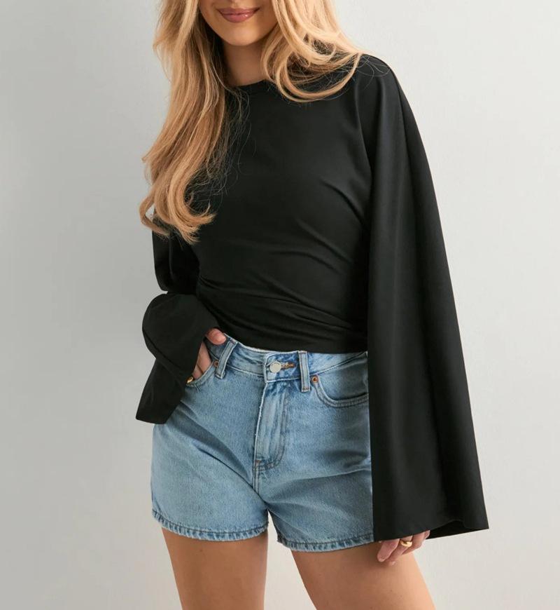 Light Gray Long Sleeve Blouse with Flare Sleeves and Waist Pleats