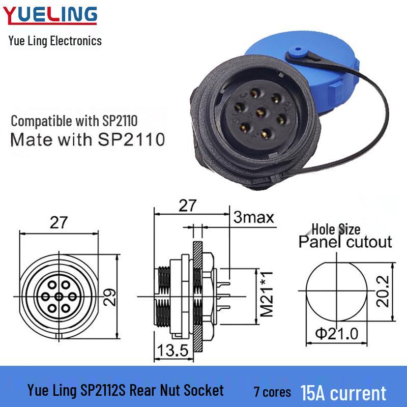 Weipu SP21 IP68 Waterproof 3-Core Aviation Plug with Rear Nut, 9-Pin Solder Connection.