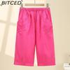 BITCED Summer Women Elastic Waist Straight Trousers Middle Age Older Women High Waist Straight Pants Washed Cotton Cropped Plus Size Pants