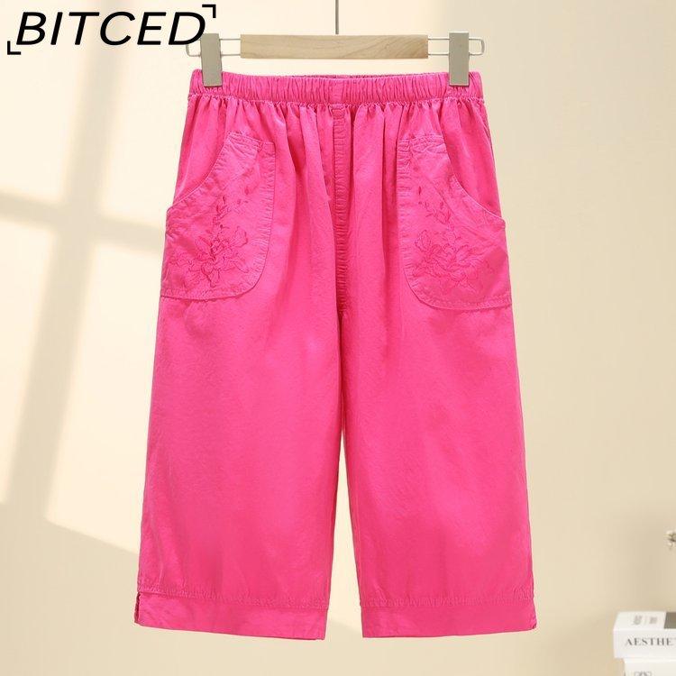 BITCED Summer Women Elastic Waist Straight Trousers Middle Age Older Women High Waist Straight Pants Washed Cotton Cropped Plus Size Pants