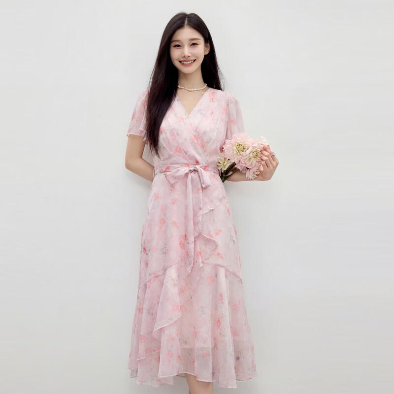 French V-neck Floral Flutter Sleeve Midi Dress S