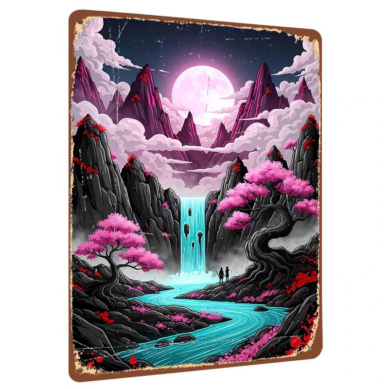 

Moonlit Pink Cherry Blossom Waterfall Mountain Landscape Metal Iron Wall Art Home Decor Painting 20x30cm（7.8x11.8inch）