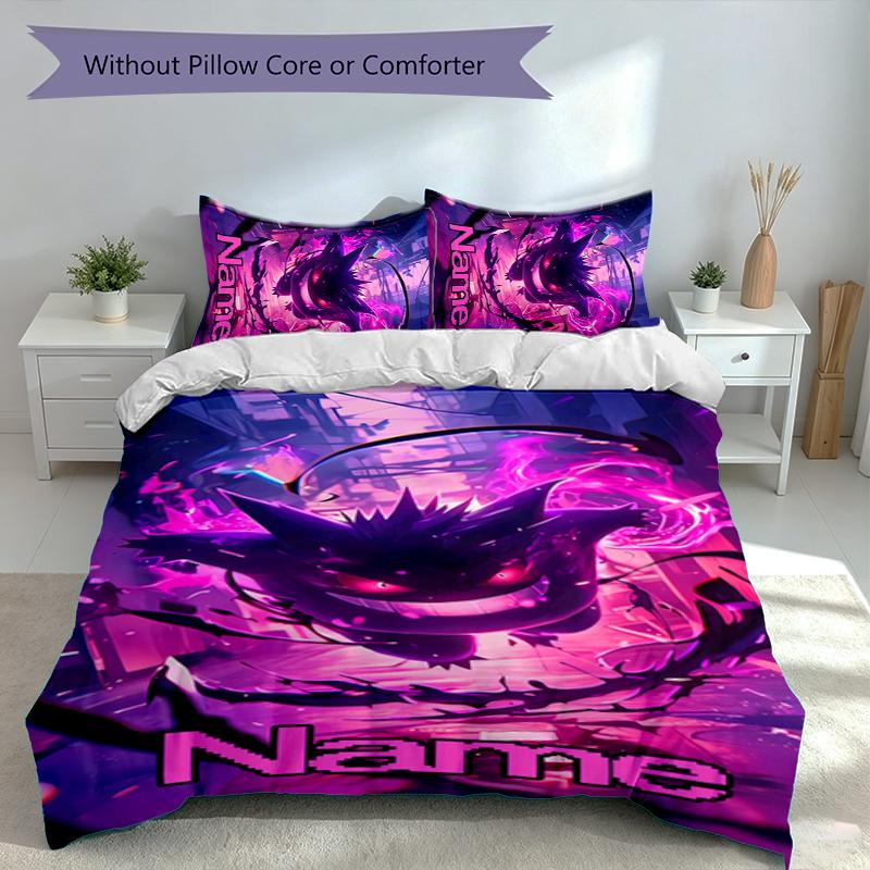 3pcs Custom Name Pokémon Gengar Bedding Set,Includes 1 Duvet Cover and 2 Pillowcases,All-season Bedroom Decor
