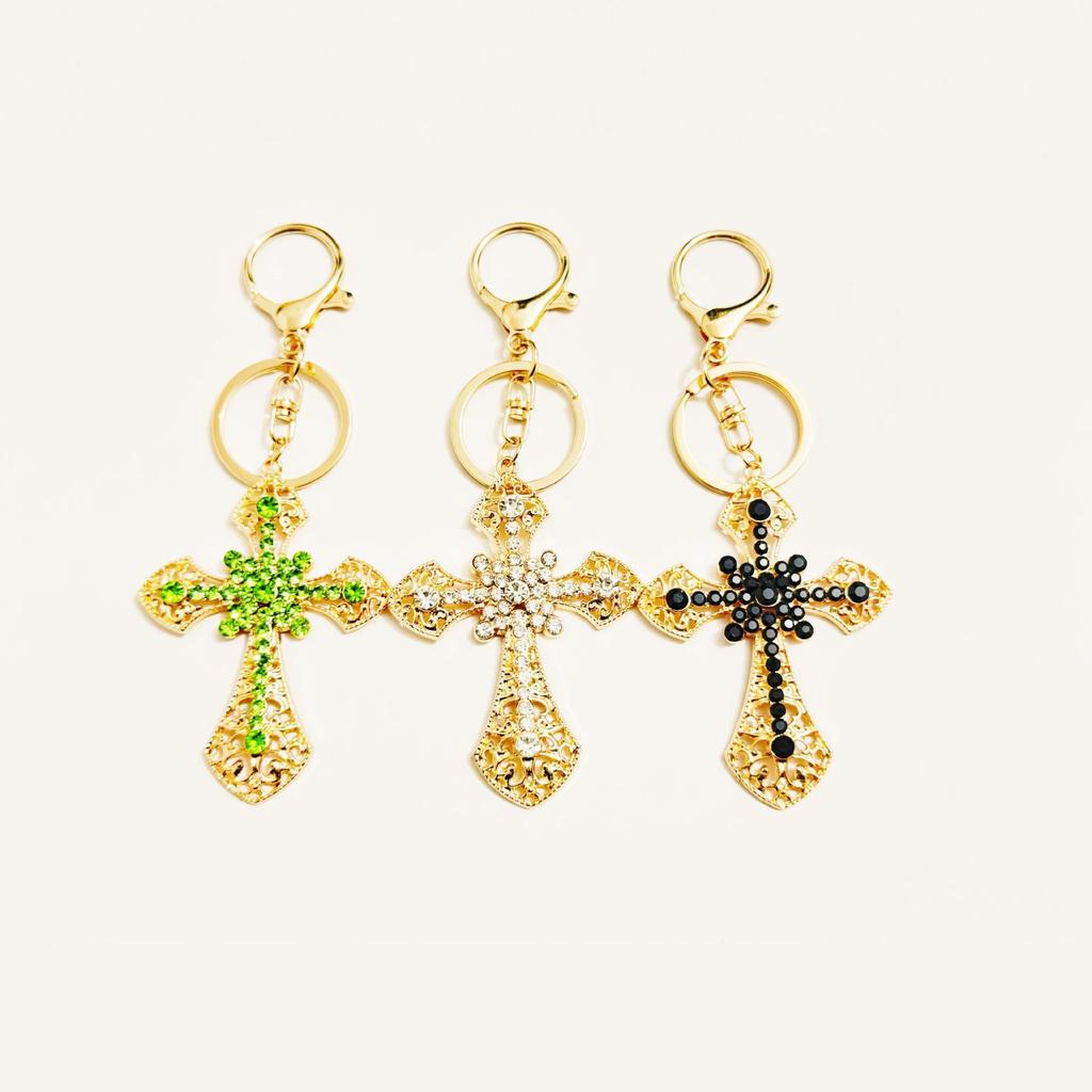 Micro-Paved Rhinestone Cross Metal Keychain: Hot Selling Car and Bag Charm Keyring