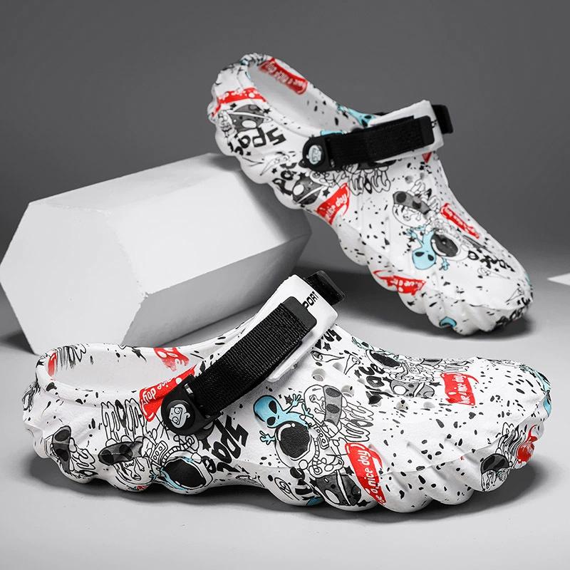 Cave Shoes, Sandals for Men, One Shoe for Two, Graffiti Thick Soled EVA Tread Shoes, Water Wading Beach Shoes for Men