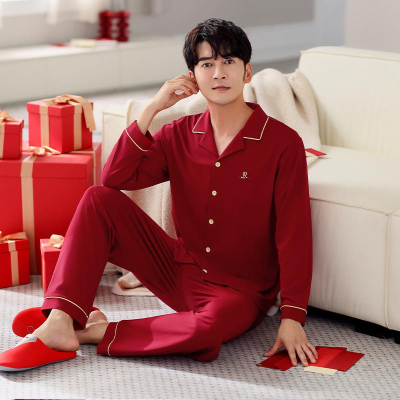 

Весенне-осенняя пижама мужская хлопковая с длинным рукавом, кардиган, красная свадебная, мужская большого размера, домашняя одежда, комплект из двух предметов XL