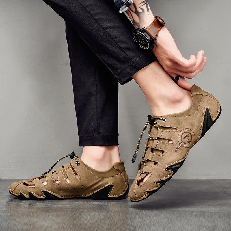 Fashion Summer Hollow Out Men's Shoes Casual Split Leather Men Outdoor Sneakers Moccasins Breathable Designer Quality Sandals Size 38-48