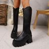 Black Round Head Chunky High Heel Women Knee High Boots Fashion Platform Back Zipper Leather Female Shoes Long Botas Feminina