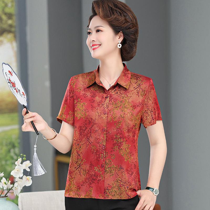 

Mom s Summer Silk Printed Short-Sleeve Top for Mature Women 4XL (Recommended 67.5-75 kg) красный