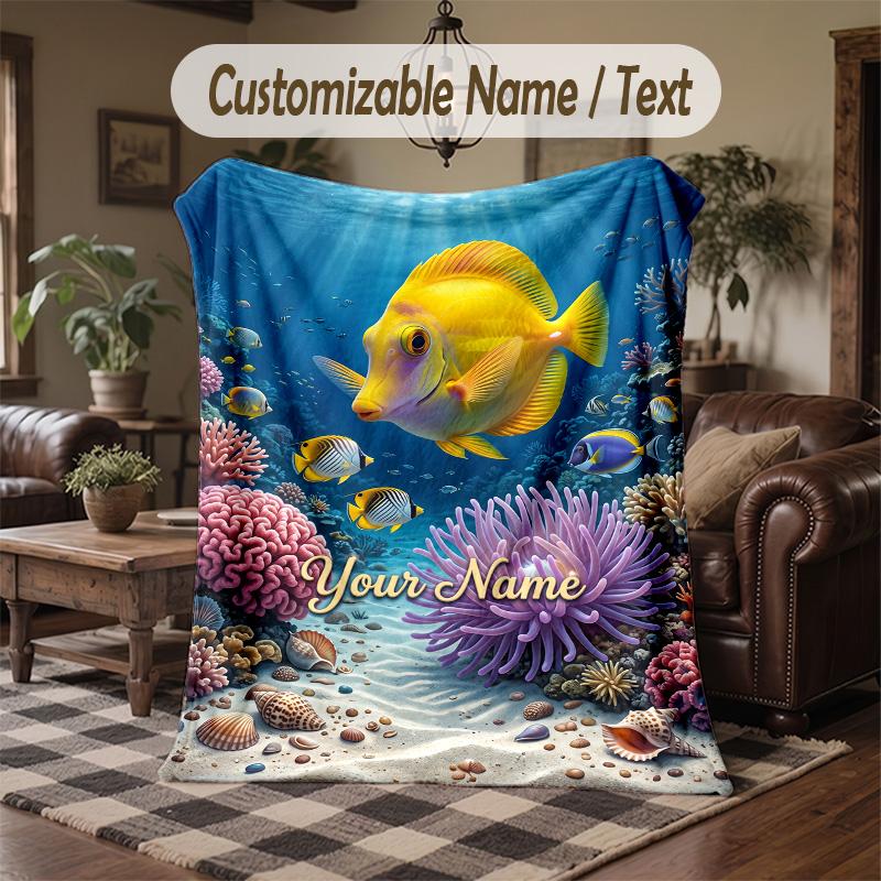 Underwater Friends Adventure Theme Throw Blanket Custom Name Text Personalized Blanket Soft Cozy Blanket for Home Sofa Bed